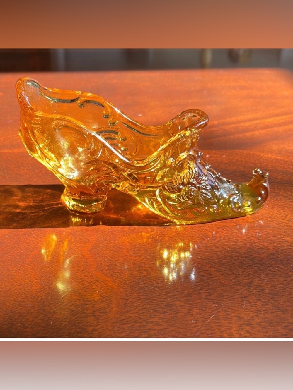 Mosser glass amber victorian, elf shoe, slipper.